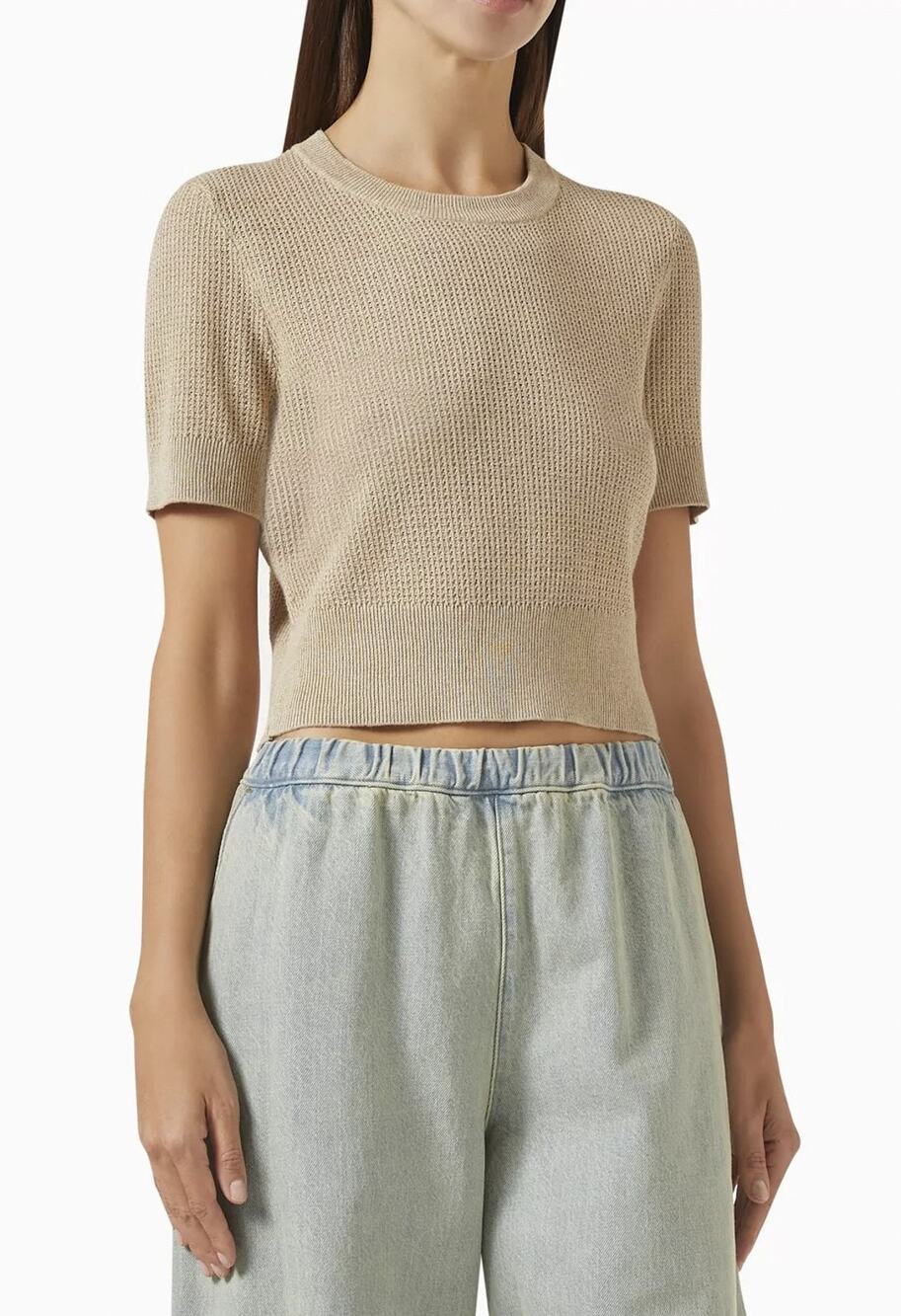 Enza Costa Beige Linen Knit Cropped Short Sleeve Sweater Top Size Small